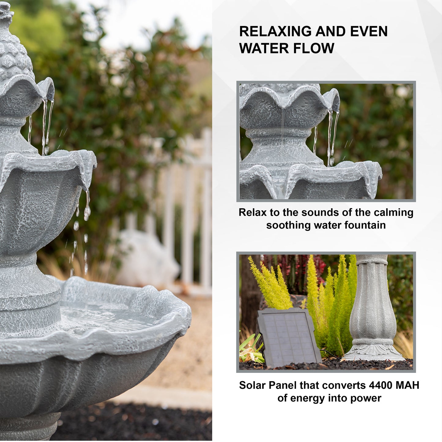 Solar Fountain 36" Tall - Grey 2-Tier Solar Water Fountain – Outdoor Resin Water Feature with Solar Panel & Pump