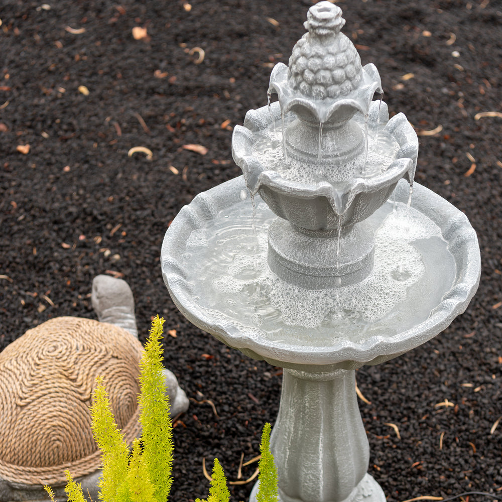 Slate Cascade — 36" Grey Solar Water Fountain, placed in an outdoor backyard setting
