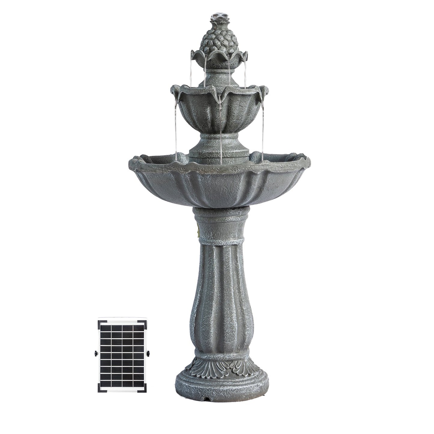 Solar Fountain 36" Tall - Grey 2-Tier Solar Water Fountain – Outdoor Resin Water Feature with Solar Panel & Pump