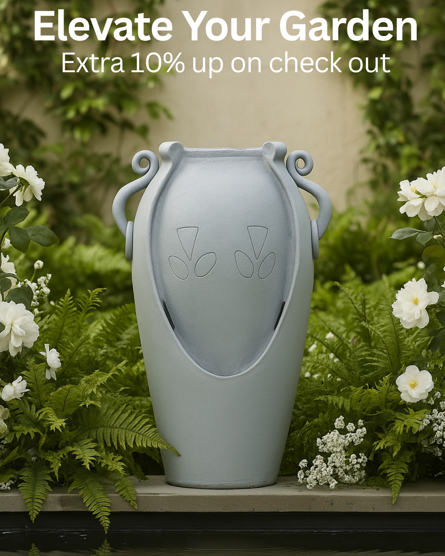 34" Solar Pot Fountain, Amphora-Inspired Design, Outdoor Water Fountain, Polyresin, Gray
