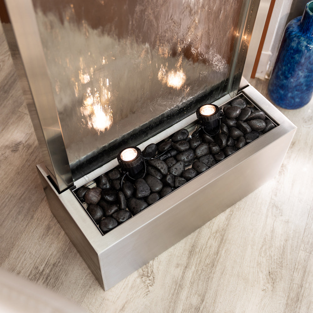 Mirror Horizon — 68" Stainless Steel Mirror Fountain, in a landscaped garden setting