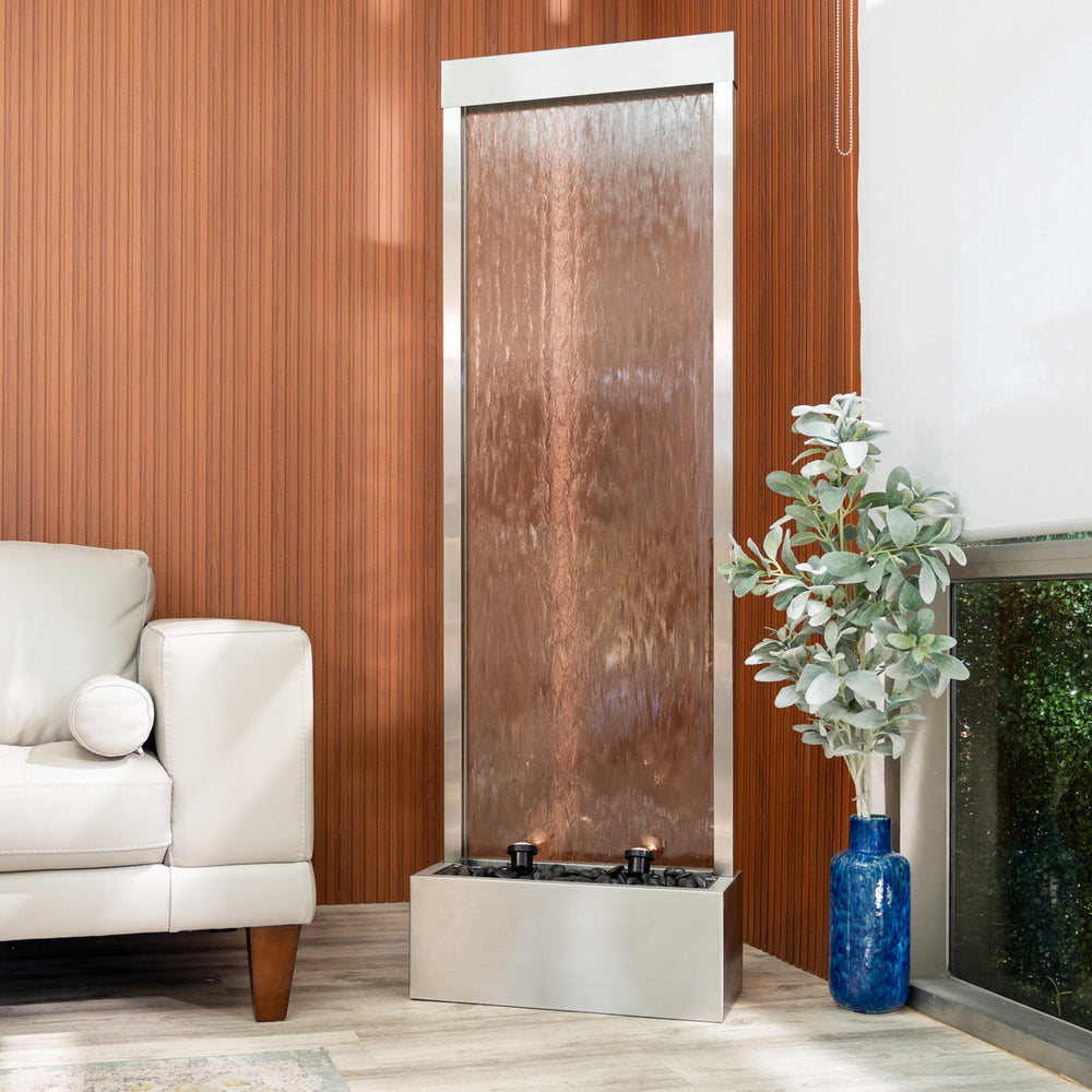 Mirror Horizon — 68" Stainless Steel Mirror Fountain, placed in an outdoor backyard setting