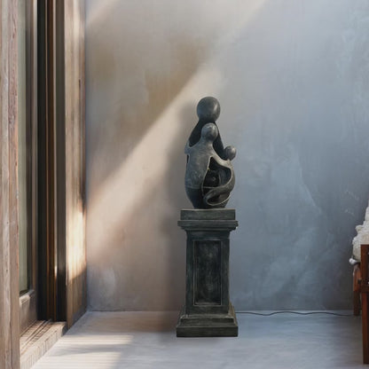 Sculptural Resin Fountain with Pedestal Base and LED Lights – Indoor/Outdoor Modern Water Feature